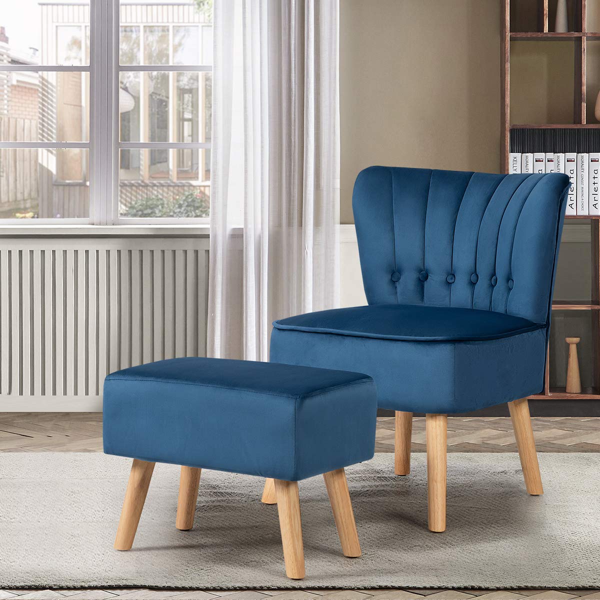 Giantex Modern Accent Chair and Ottoman Set - Velvet Upholstered Armless Slipper Sofa with Button Tufted Footstool, Single Chair for Living Room, Bedroom & Home Office - Blue | Perfect for Reading Nook, Lounge Area & Small Space Decor