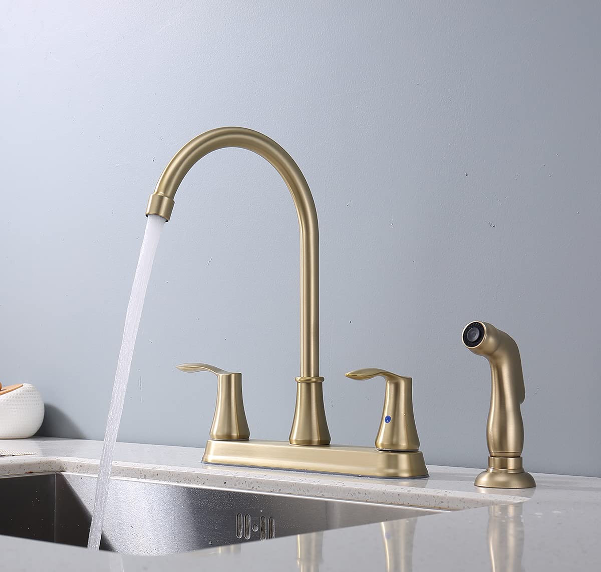 Delle Rosa Brushed Gold Kitchen Faucet with Pull-Out Sprayer - 8 Inch Centerset 2-Handle High Arc Stainless Steel Sink Faucet for Modern Kitchens | Perfect for Washing Dishes, Filling Pots & Cleaning Countertops