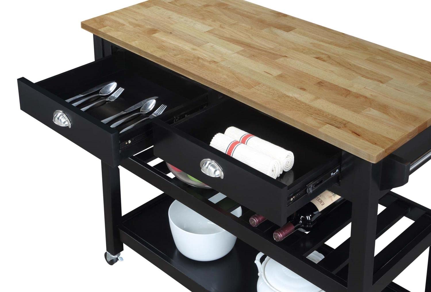 Convenience Concepts American Heritage 3-Tier Butcher Block Kitchen Cart with Drawers - Black/Butcher Block | Rolling Storage Island for Small Spaces, Kitchen Organization & Serving Station