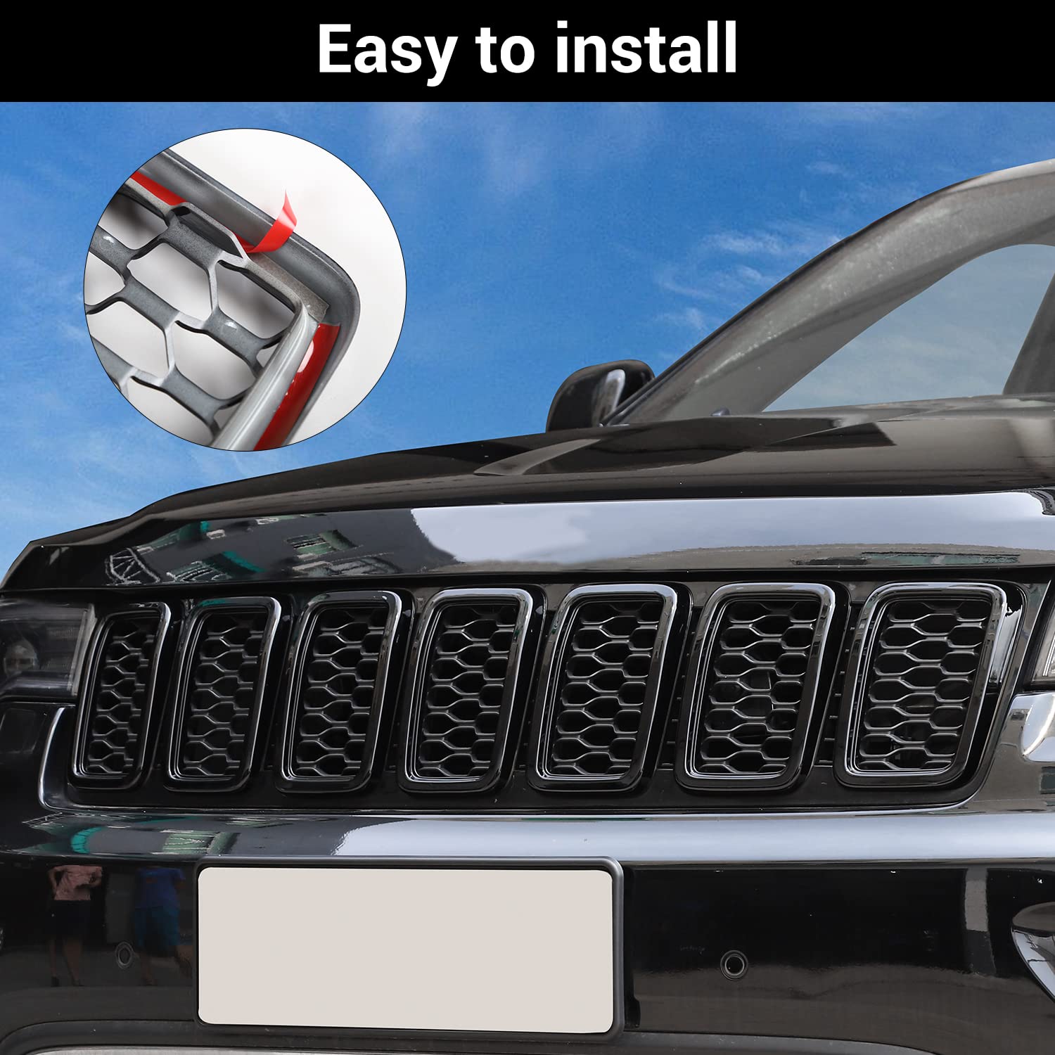 JeCar 7Pcs Black Honeycomb Front Grill Rings & Mesh Inserts Cover Trim Kit for 2017-2020 Jeep Grand Cherokee - Off-Road & Urban Style Upgrade