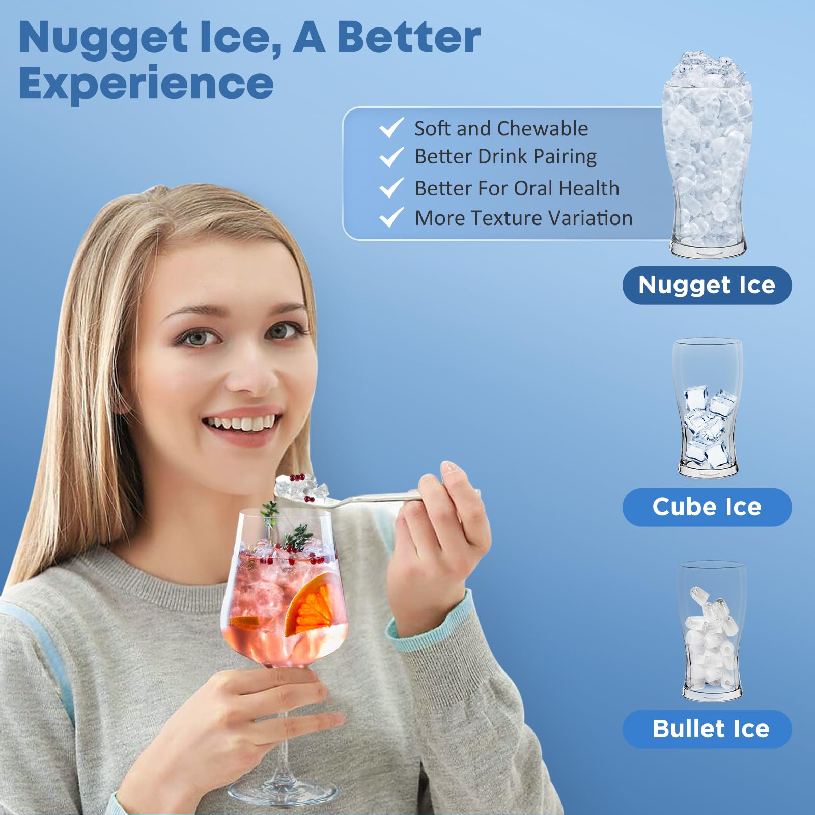Upgraded Countertop Nugget Ice Maker - 40LBS/Day Pellet Ice Machine with Timer & 2-Way Water Fill, Portable Crushed Ice Maker for Home, Kitchen, Office, Bar - Stainless Steel Chewable Ice Maker for Drinks, Cocktails & Parties