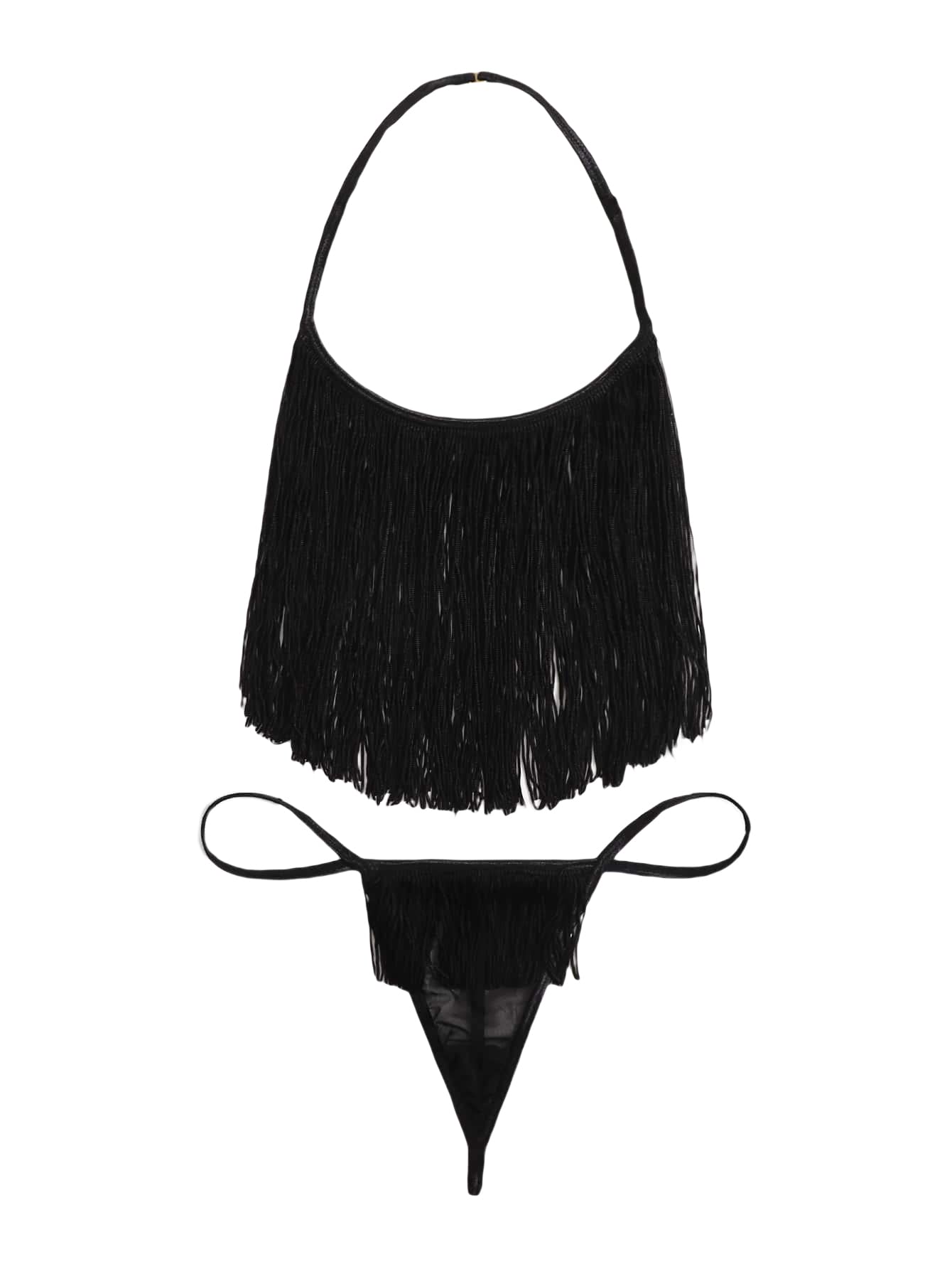 Verdusa Women's 2 Piece Fringe Hem Halter Bralette Top & Thong Lingerie Set - Sexy Lace Underwear for Date Night, Boudoir & Special Occasions