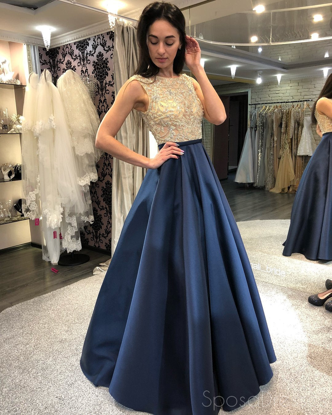 Elegant Navy Blue Beaded Bateau Neckline A-Line Long Evening Prom Dress for Women - Perfect for Formal Dances, Galas & Special Occasions