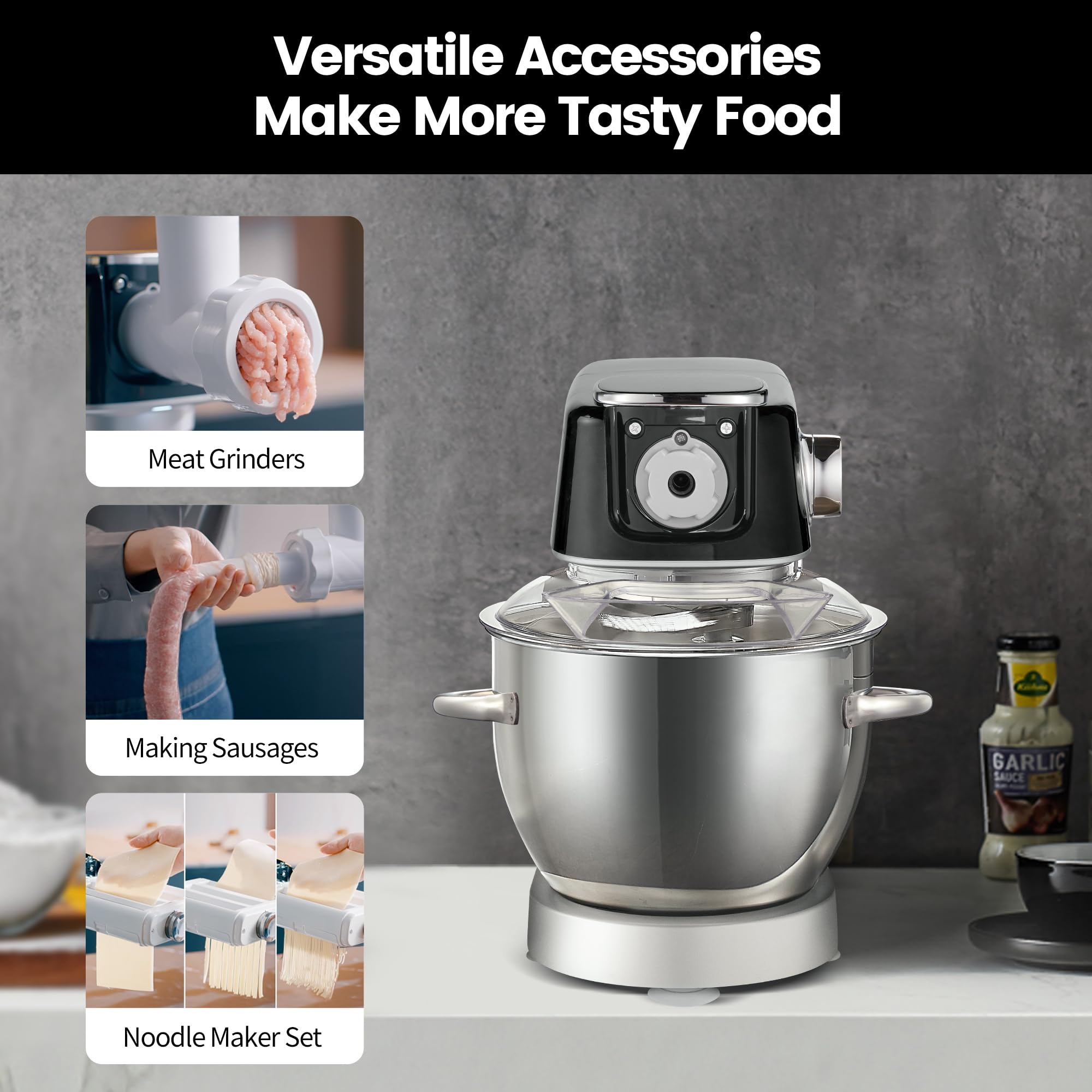 HAUSWIRT 5.3QT Stand Mixer - 11-Speed Electric Kitchen Mixer with Stainless Steel Attachments (Egg Whisk, Dough Hook, Flat Beater) - LED Display Household Mixer for Baking, Cooking & Meal Prep - Perfect for Cakes, Cookies, Bread & Dough - Black
