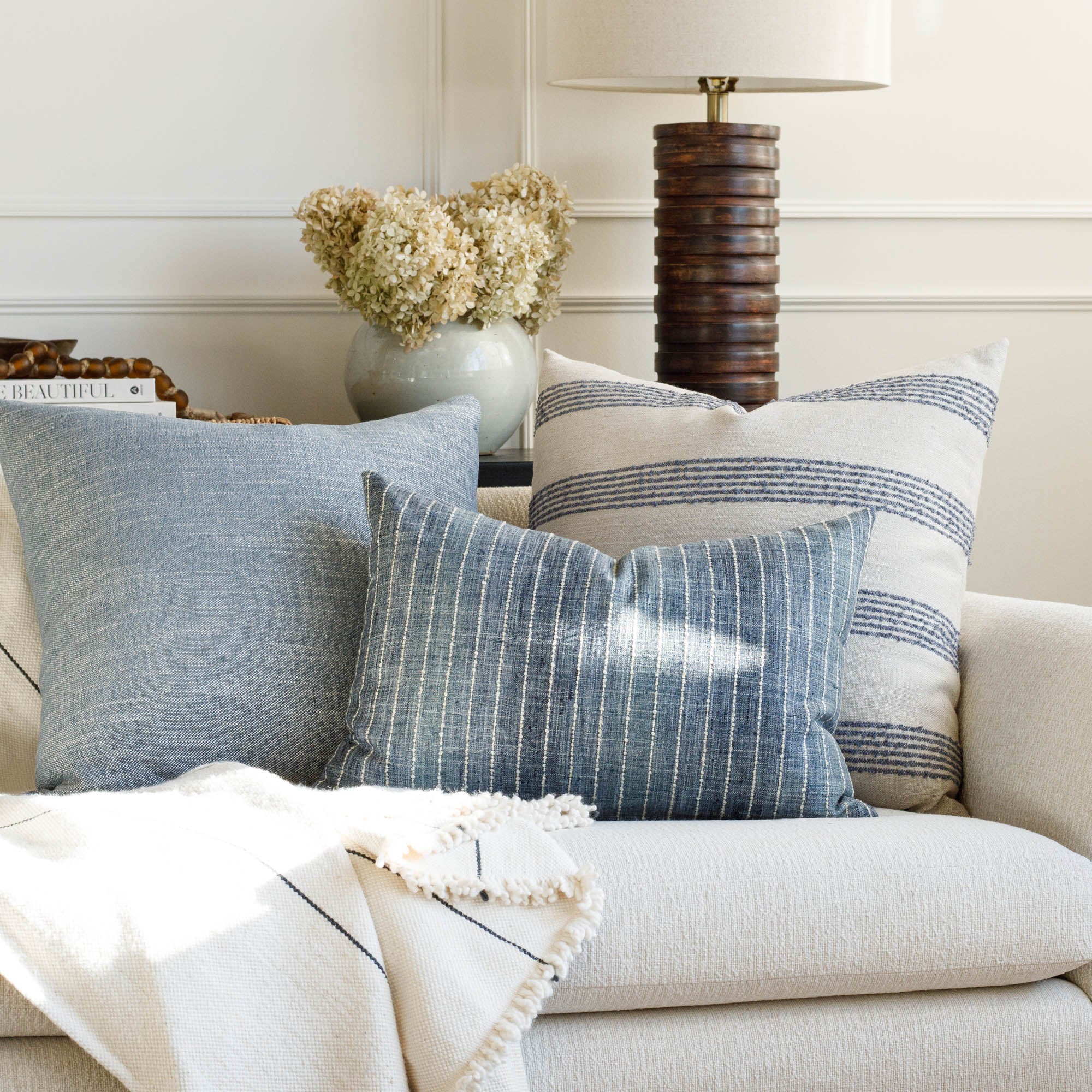 Finn Stripe 22x22 Decorative Throw Pillow Cover - Soft Denim Blue & White Striped Cushion for Sofa, Bed, or Chair - Perfect for Living Room, Bedroom & Home Decor
