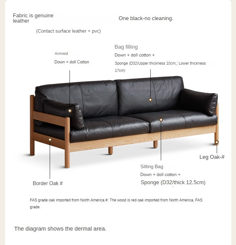 Premium Oak Solid Wood Modern Leather Sofa - Luxury Comfort for Living Room, Office & Lounge Areas