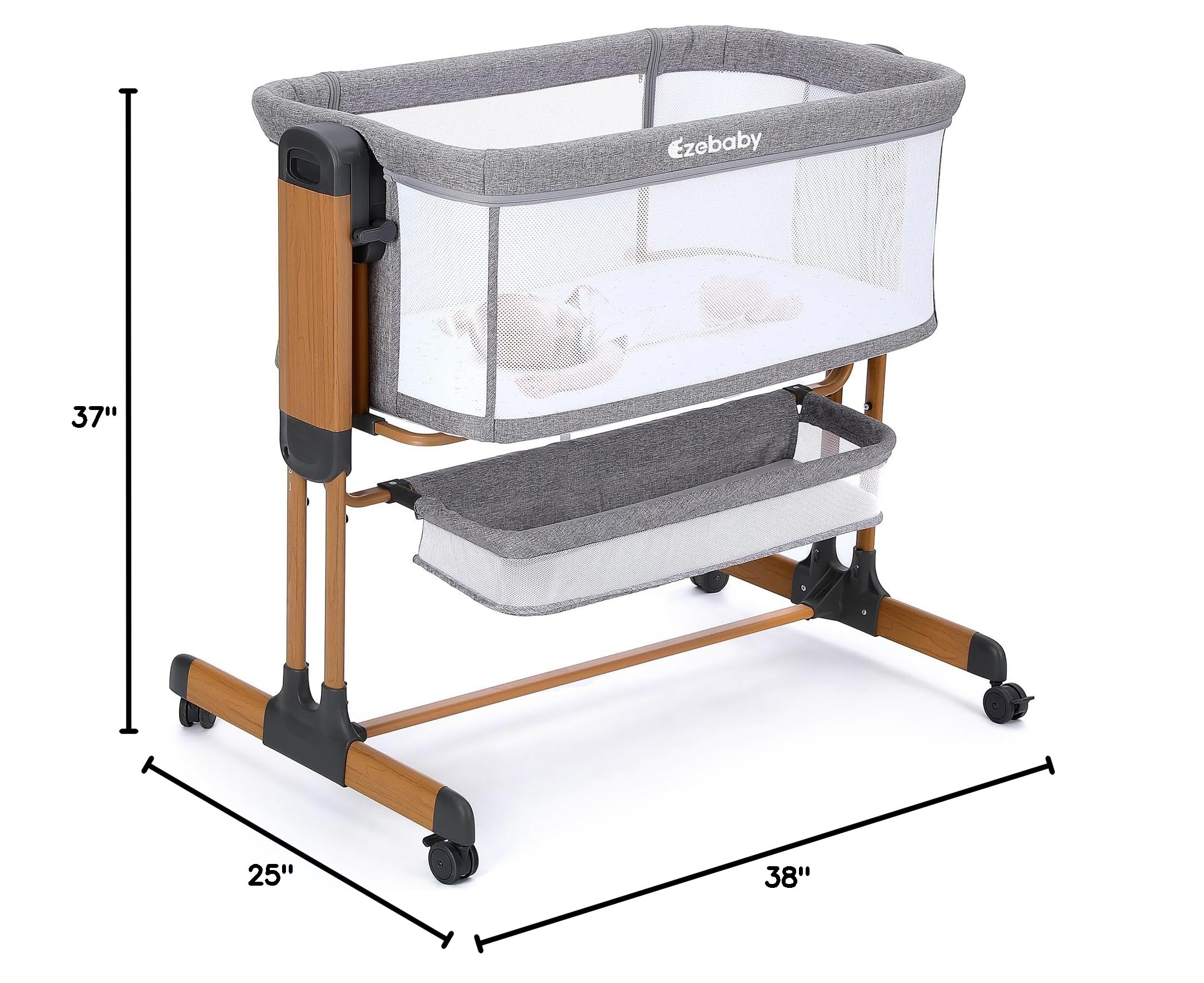 Ezebaby 3-in-1 Adjustable Baby Bassinet with Wheels, Storage Basket & Breathable Mesh Sides - Convertible Rocking Crib & Bedside Sleeper for Newborns & Infants - Perfect for Nursery, Bedroom & Travel Use