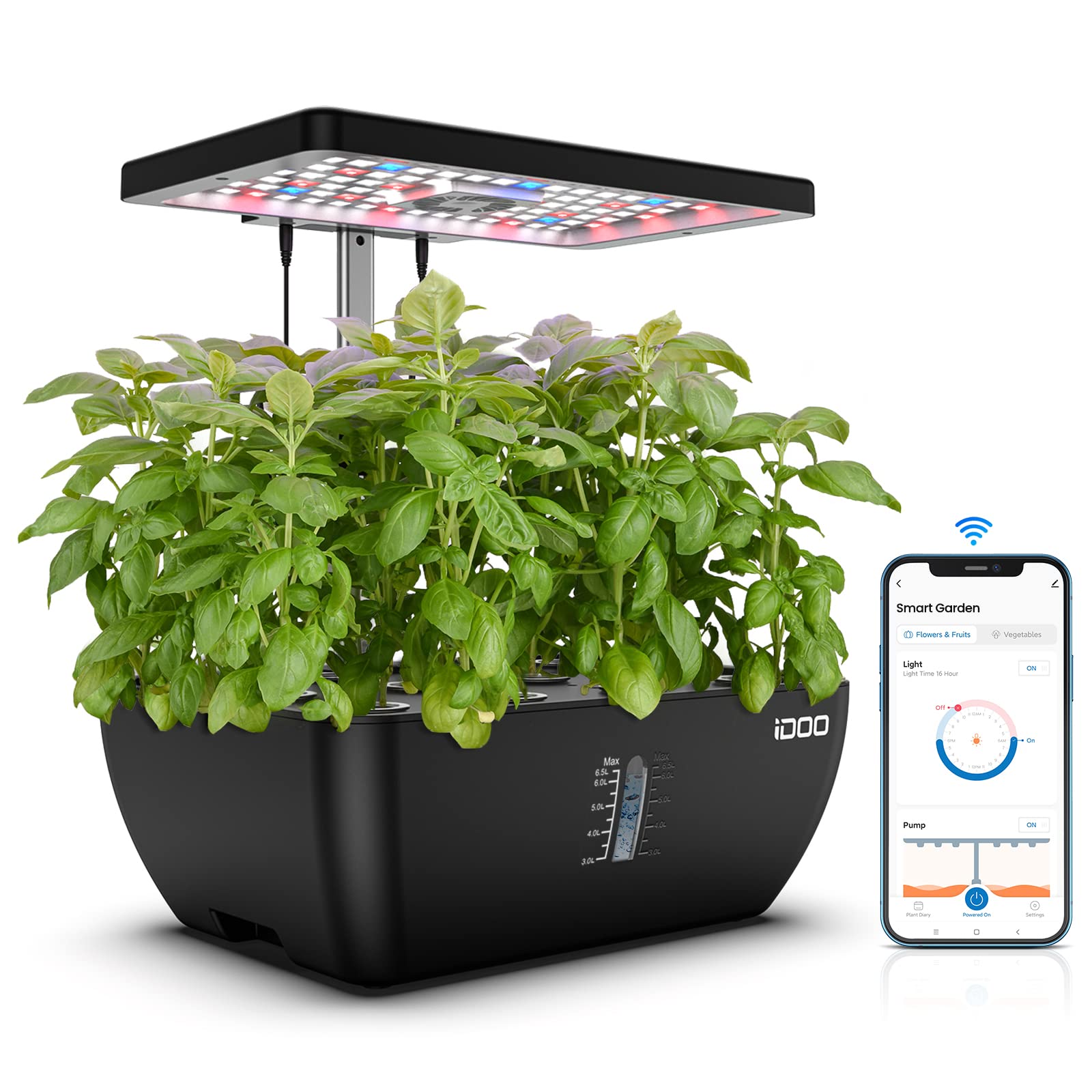iDOO 12-Pod Hydroponics Growing System Kit with WiFi & LED Grow Light - Indoor Herb Garden for Home, Built-in Fan, Auto Timer, 6.5L Large Tank - Perfect for Kitchen, Office, or as Christmas Gifts for Women & Mom (Black)
