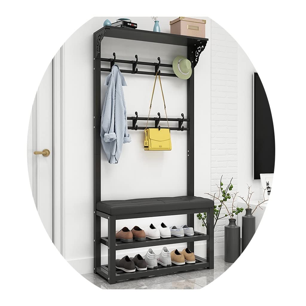 Industrial 4-in-1 Entryway Organizer - Hall Tree Coat Rack with Shoe Bench, 2-Tier Storage Shelf & Metal Hooks | Black PU Finish (80x30x172cm) | Perfect for Small Spaces, Apartments & Mudroom Organization