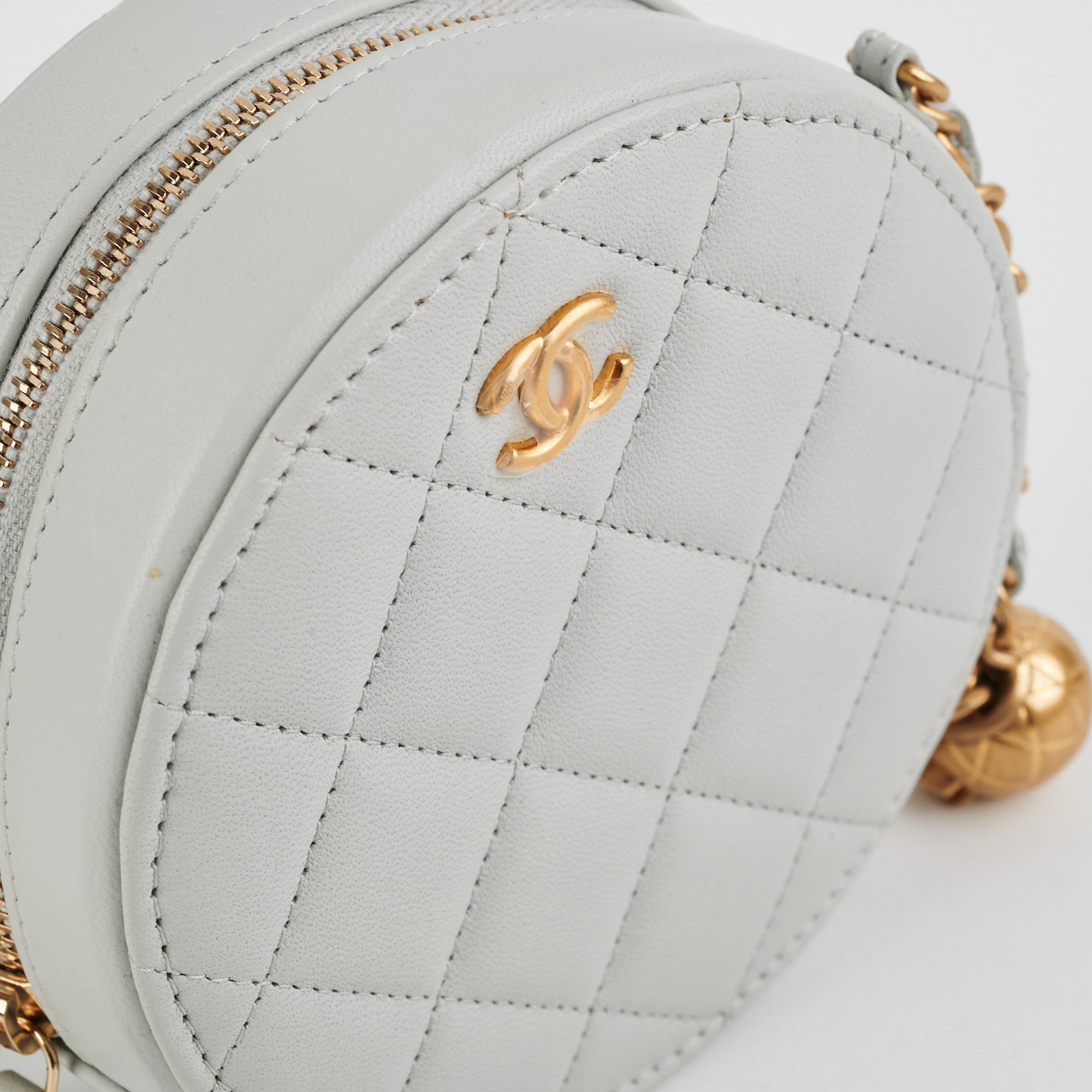 Chanel Round Pearl Crush Clutch With Chain - Grey Lambskin Leather Crossbody Bag for Women | Elegant Evening Party & Wedding Accessory