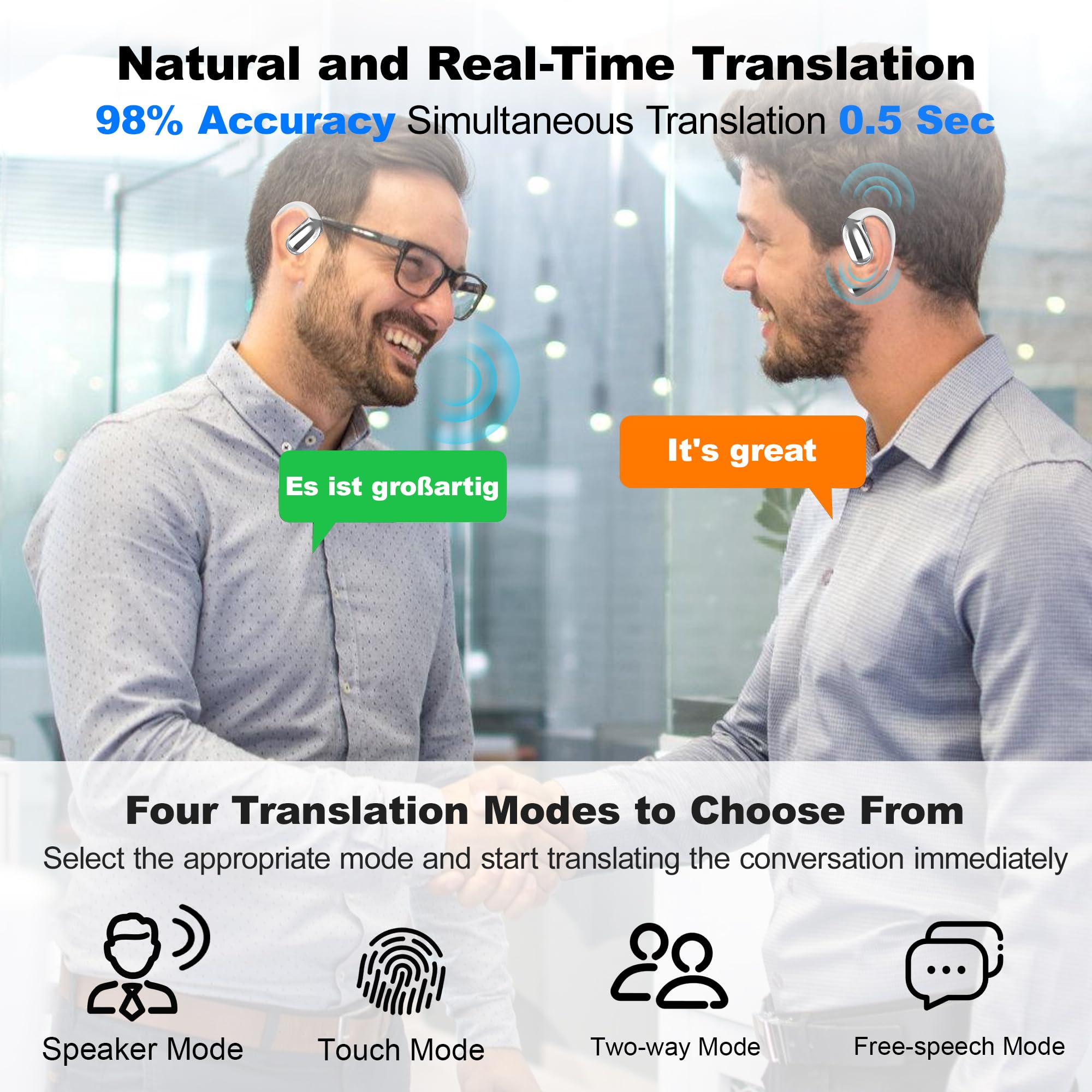 Wireless Earbuds with AI Real-Time Language Translation - 3-in-1 Bluetooth Headphones with HD Sound & 75Hrs Playtime for Business Meetings, Language Learning & International Travel (White, No Subscription Fee) - Perfect for Multilingual Conversations & Hands-Free Calls