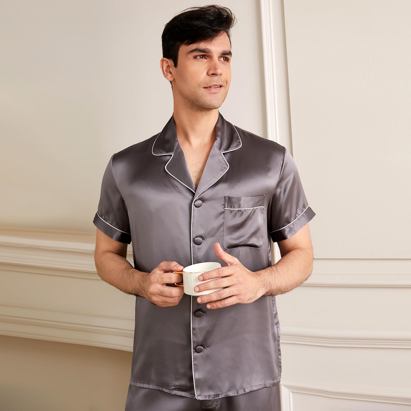 THXSILK Men's Pure Mulberry Silk Pajama Set - Short Sleeve Shirt & Shorts for Comfortable Sleepwear | Perfect for Summer Nights, Lounging & Gift Giving