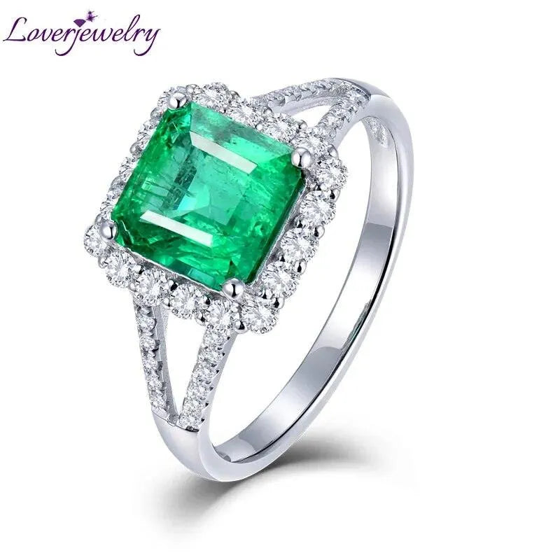 18K White Gold Diamond & Emerald Ring for Women - 8x8mm Sparkling Solid AU750 Wedding Band, Anniversary Gift, Trendy 2022 Jewelry - Perfect for Engagement, Party & Special Occasions