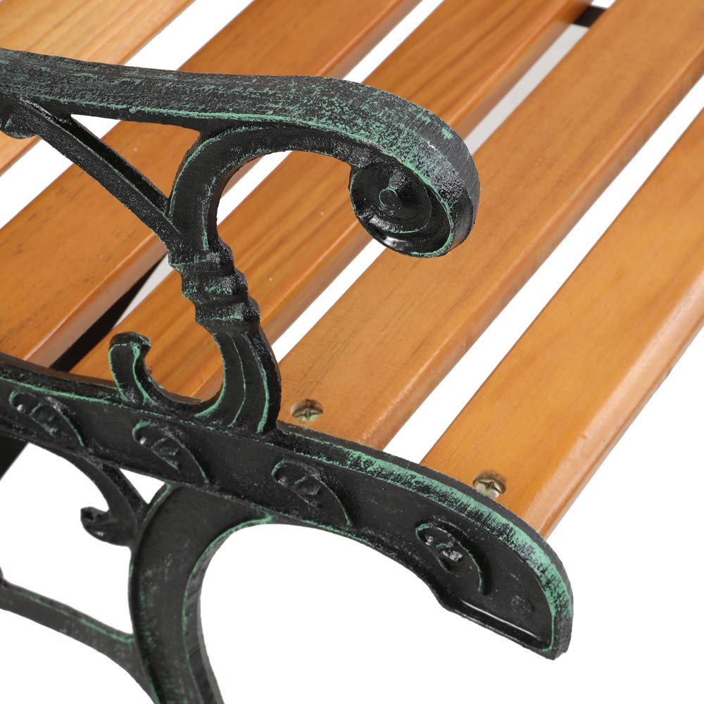 49-Inch Outdoor Garden Bench - Natural Hardwood Patio Park Bench with Bronze Cast Iron Frame & Rose Pattern - Rustic Elegant Porch, Deck, Backyard & Garden Seating Furniture for Relaxing & Outdoor Decor