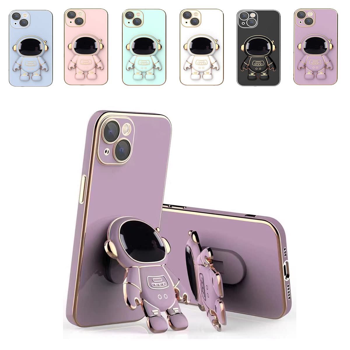 Astronaut Hidden Stand iPhone Case with Camera Protector - Foldable Bracket & Electroplated Design for iPhone 12 (Purple) | Perfect for Space Enthusiasts & Everyday Protection