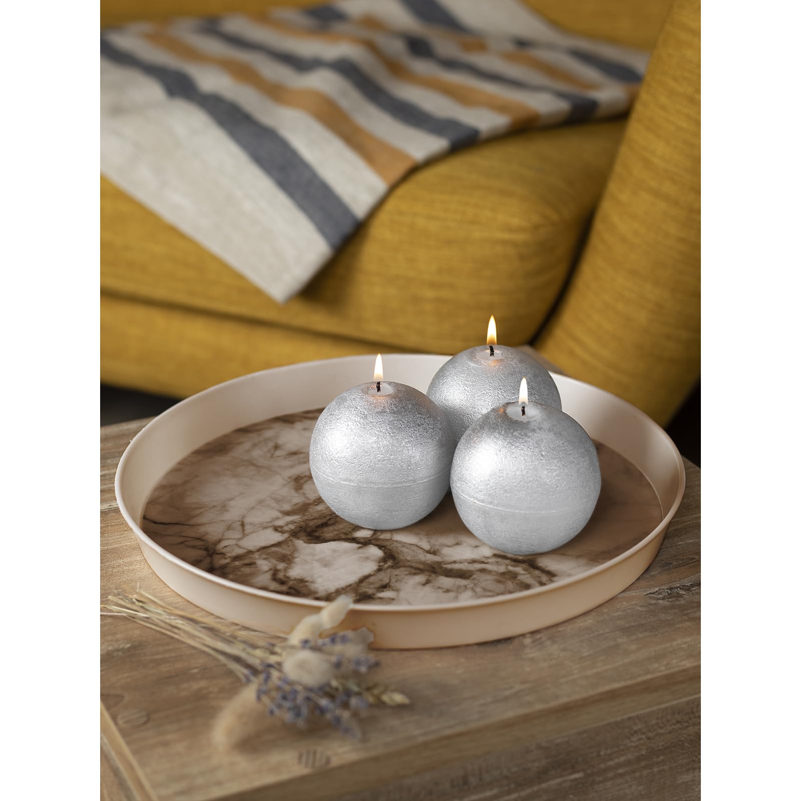 3-Pack CANDWAX 3-Inch Round Silver Unscented Candles - Long Burning Decorative Ball Candles for Wedding, Romantic Decor & Home Ambiance