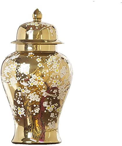 European Floral Temple Jar Vase - Decorative Ceramic Flower Vase for Home Decor | Handcrafted Ginger Jar Centerpiece (H37xW19cm) - Perfect for Bouquets, Wedding Centerpieces & Living Room Table Decor