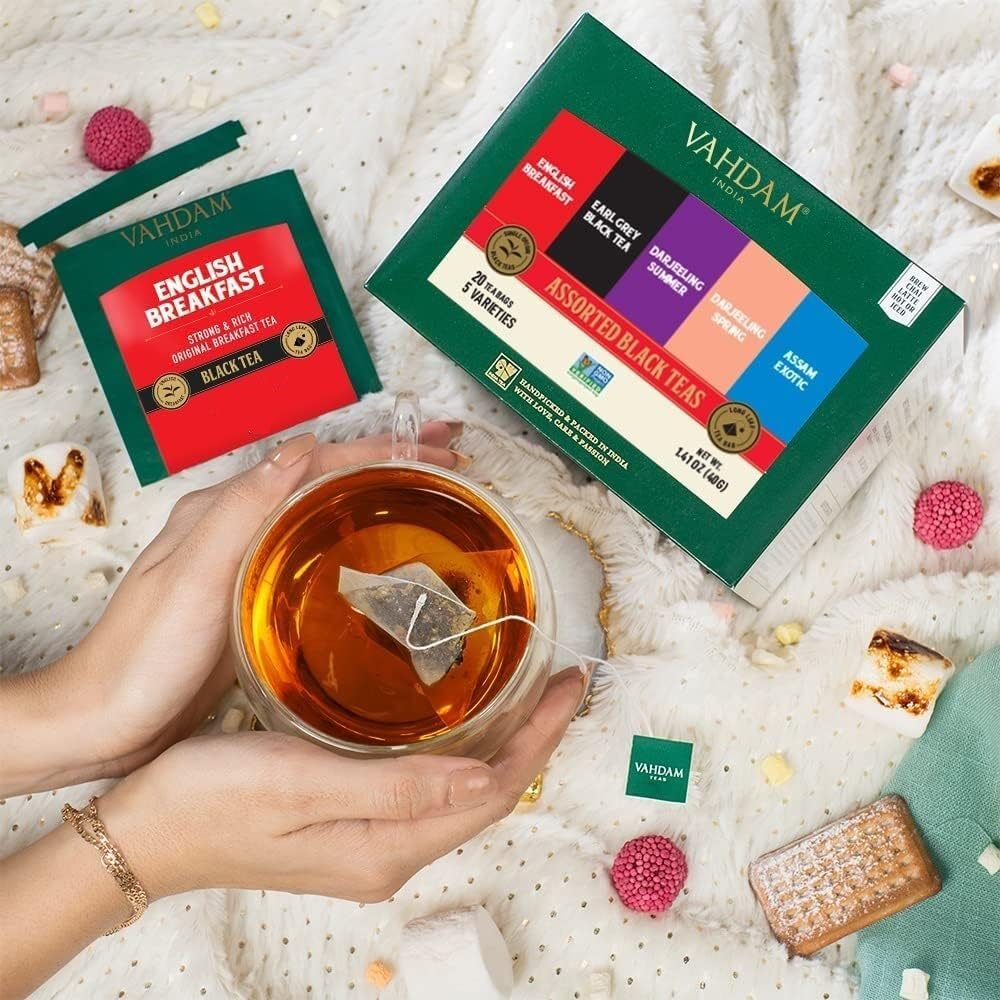 VAHDAM Premium Assorted Black Tea Sampler Gift Set - 5 Flavors, 20 Pyramid Tea Bags | Gluten Free, Non-GMO, Long Leaf Black Tea Variety Pack | Perfect Tea Gift for Women & Men | Ideal for Office, Home Relaxation & Afternoon Tea Parties