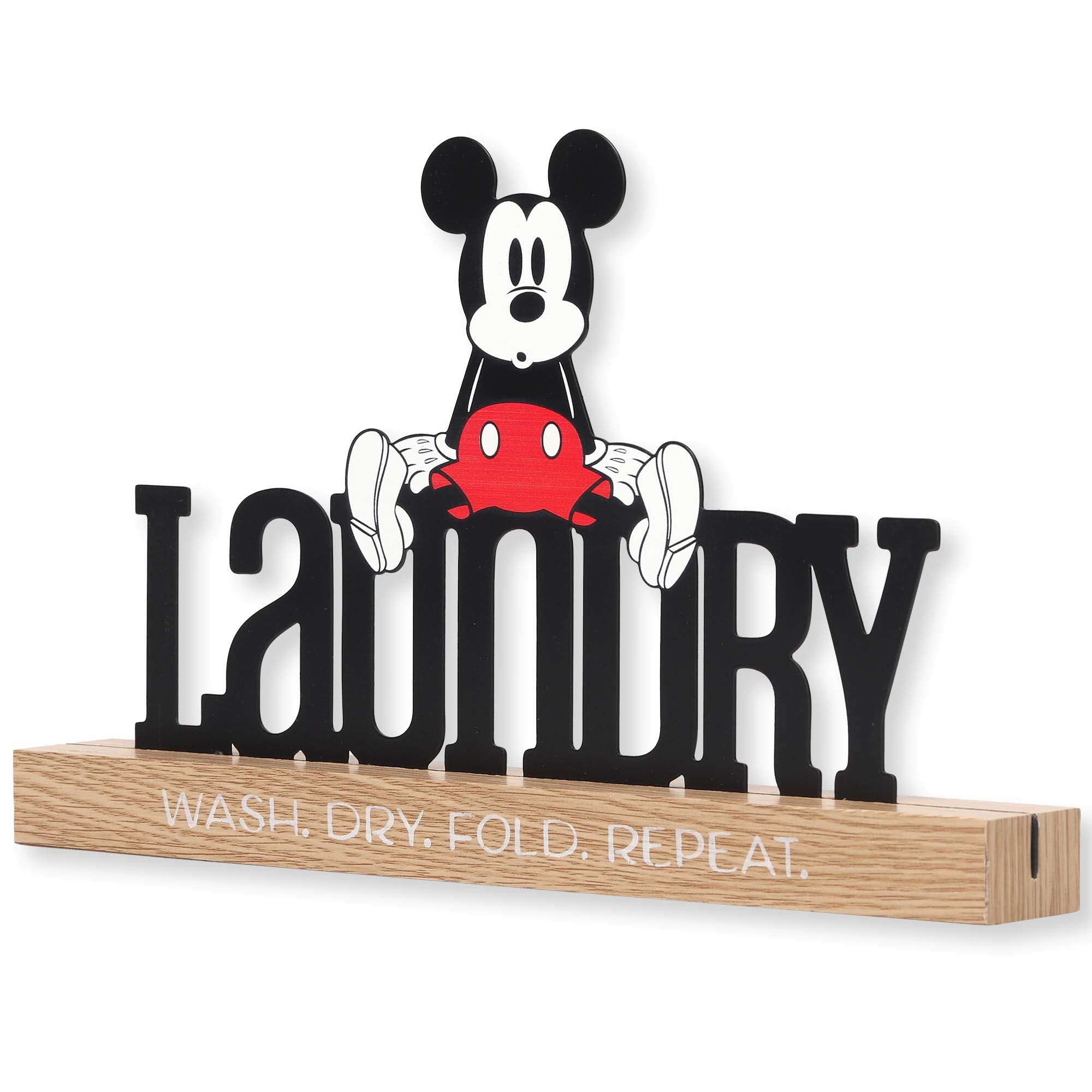 Disney Mickey Mouse Laundry Room Decor - Wash Dry Fold Repeat Metal Sign on Natural Wood Base for Home, Kitchen, Laundry Room Organization & Disney Fan Gift