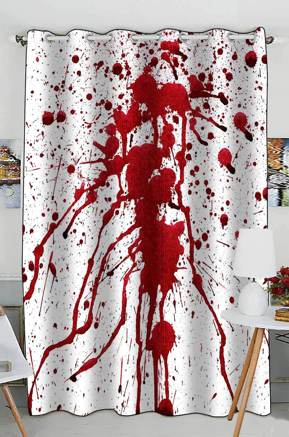 ABPHQTO Blood Splatter Design White Window Curtains for Kitchen - 52 x 84 Inches Single Panel - Perfect for Halloween Decor, Horror Theme Parties & Gothic Home Decor