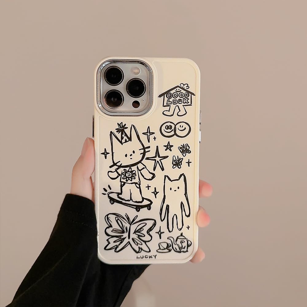 Cute Cat Butterfly Star Lucky Line Drawing Soft Phone Case for iPhone 13 Pro Max - Slim Protective Cover with Artistic Design, Durable TPU Material (White) | Perfect for Everyday Use, Gift Giving & Fashion Accessories