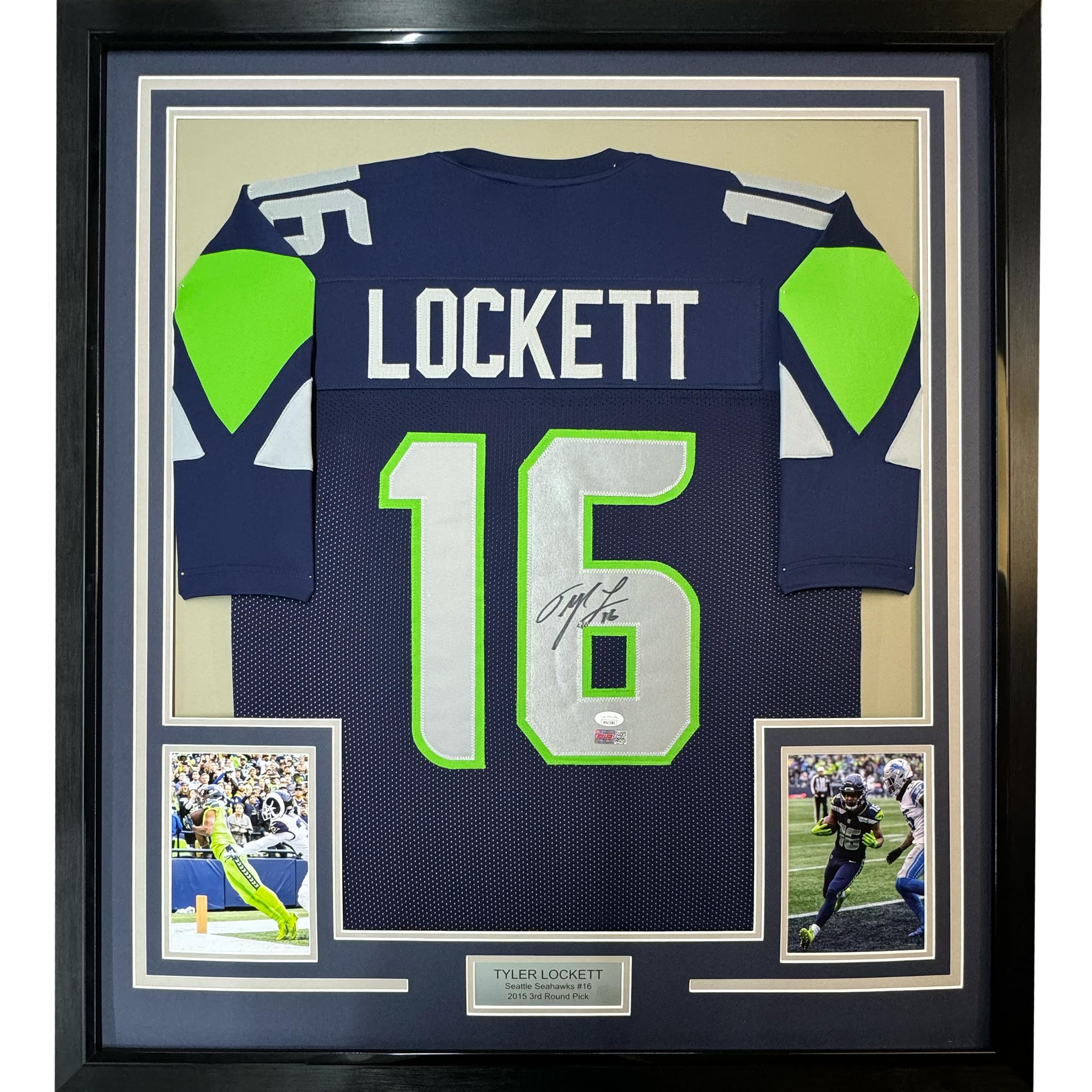 Framed Autographed Tyler Lockett Seattle Seahawks Football Jersey 35x39 with JSA COA - Perfect for Sports Memorabilia Collectors and Seahawks Fans