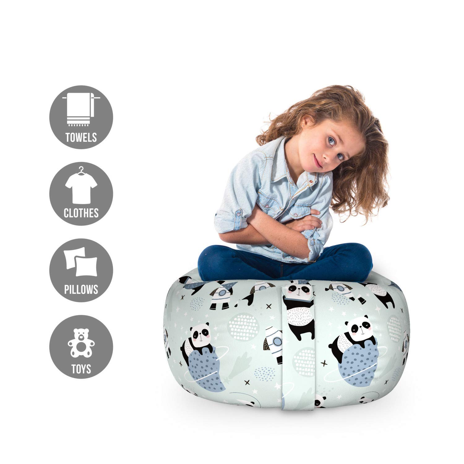 Ambesonne Panda Storage Toy Bag Chair - Pastel Space Animal Pattern with Rockets & Stars, Washable Stuffed Animal Organizer for Kids Room, Nursery, or Playroom - Small Multicolor