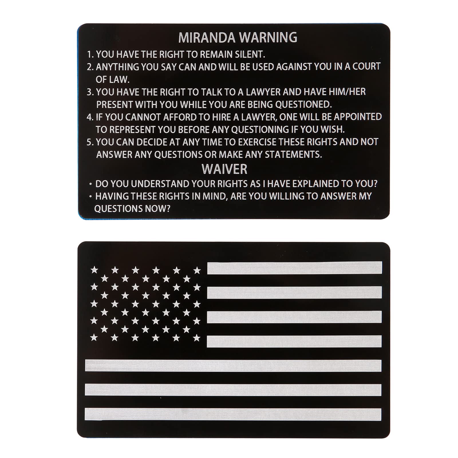 2 Pack Black Metal Miranda Warning Card with American Flag - Laser Engraved Police Rights Insert Card - Perfect for Law Enforcement Gifts, Police Appreciation, and Constitutional Rights Awareness