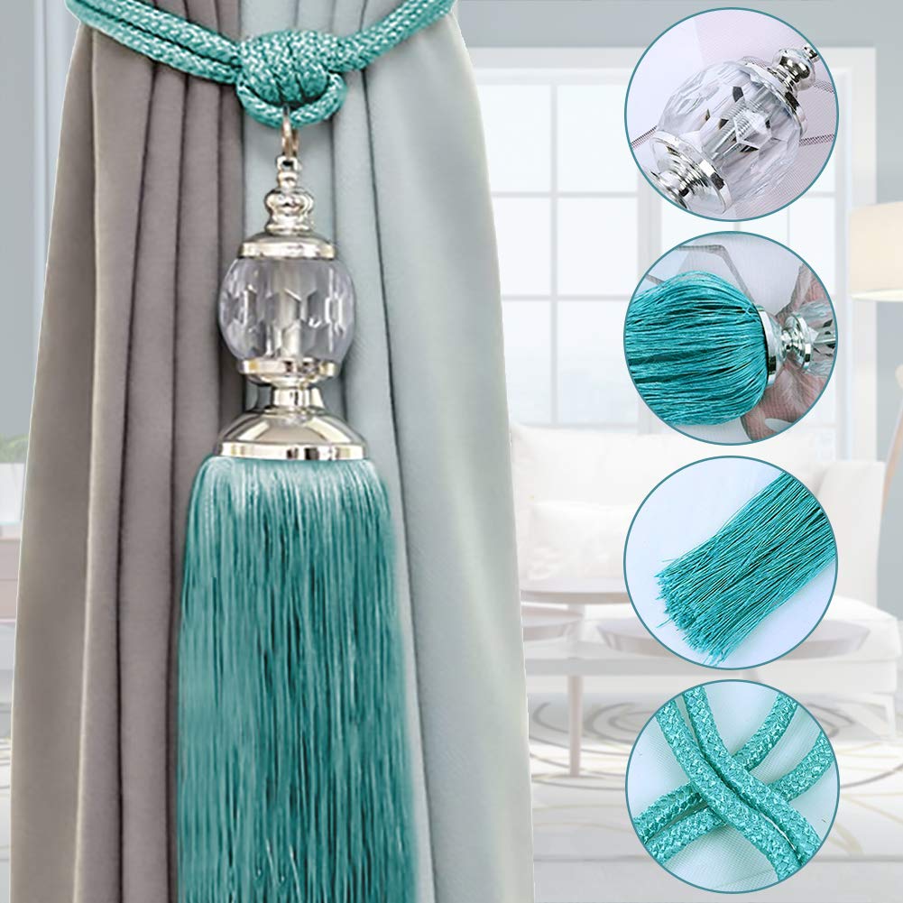 Elegant Peacock Blue Tassel Rope Curtain Tiebacks with Crystal Beads - 2 Pack for Drapes & Window Treatments | Perfect for Living Room, Bedroom, and Home Decor