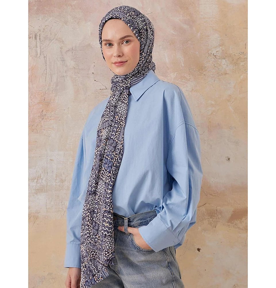Abstract Crinkle Cotton Hijab Shawl - Soft & Breathable Blue Scarf for Women | Perfect for Daily Wear, Prayer, and Modest Fashion