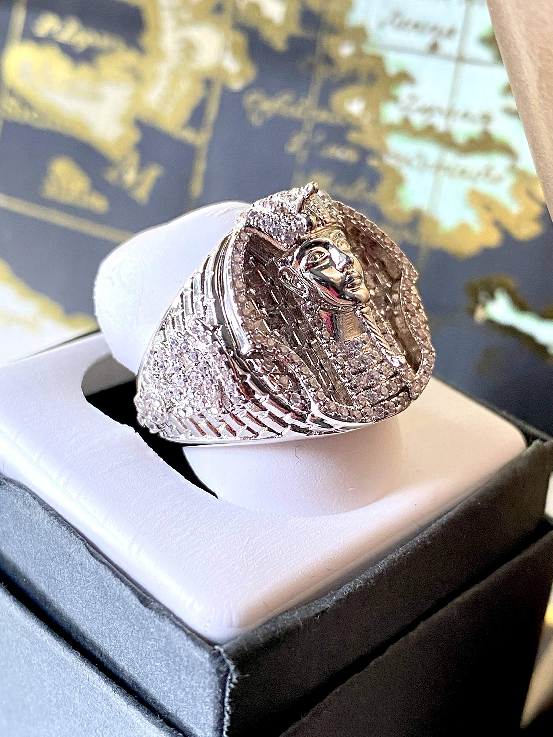 Egyptian Pharaoh Pinky Rhodium Plated CZ Iced Out Ring for Men - Hip Hop Jewelry, Wedding Band, Promise Ring, Engagement Ring (Sizes 6-10) | Perfect Gift for Birthday, Anniversary & Special Occasions