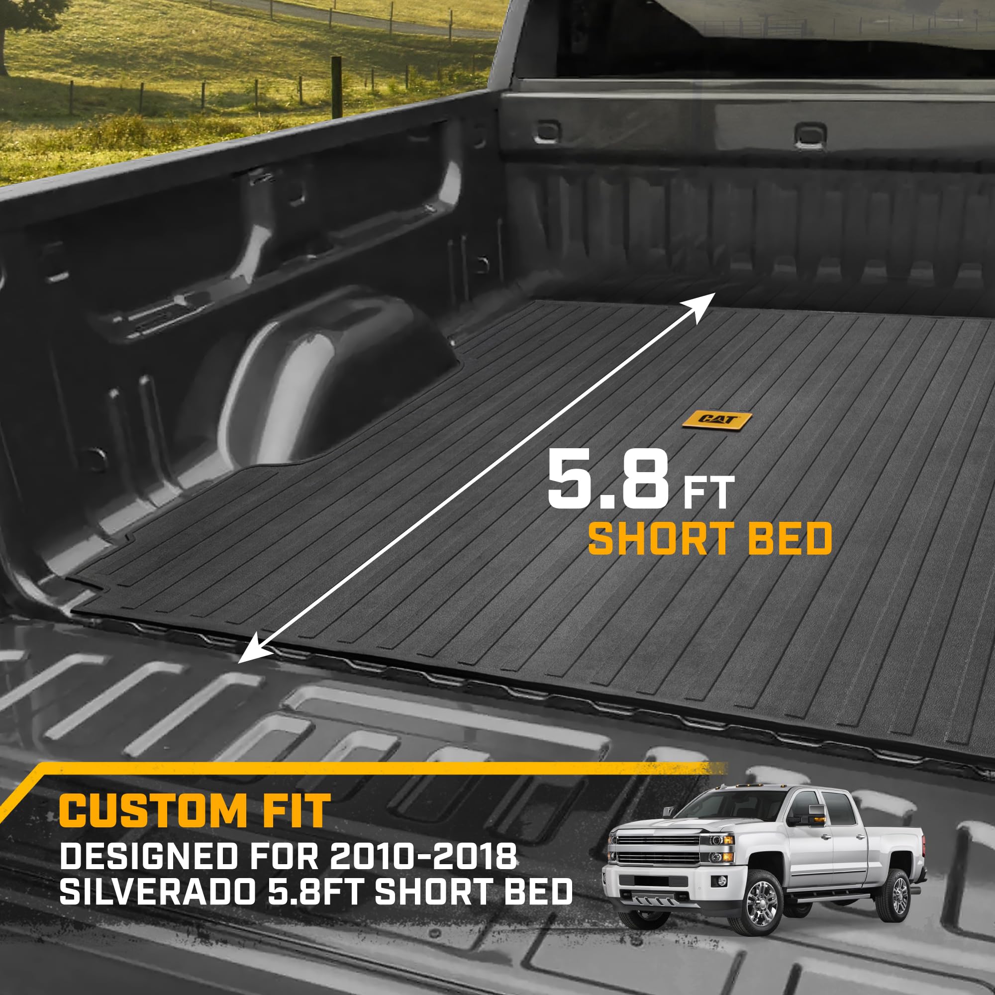 Heavy Duty CAT Custom Fit Truck Bed Mat for 2010-2018 Chevy Silverado 5.8ft Short Bed - Non-Slip All Weather Protection | Durable Pickup Truck Liner for Hauling, Construction & Outdoor Adventures