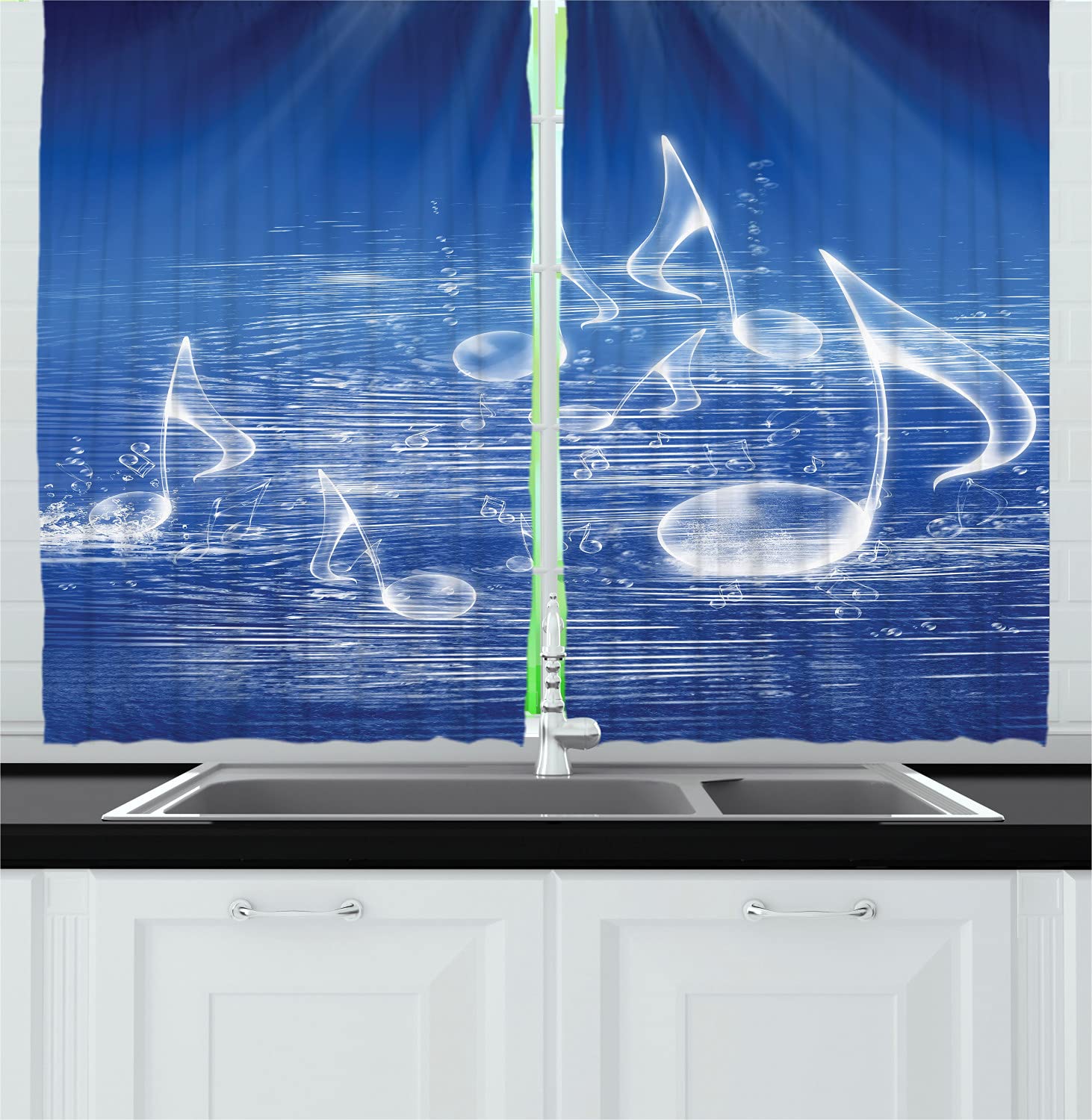 Ambesonne Music Themed Kitchen Curtains - Water Musical Notes & Dancing Waves Design, 2 Panels with Rod Pocket, 55