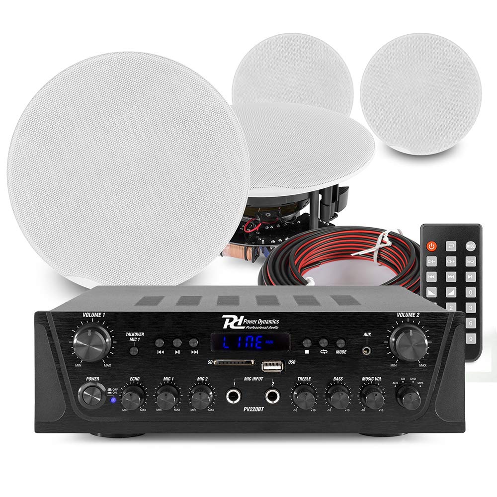 Power Dynamics 2-Zone Bluetooth Ceiling Speaker System - Complete Home Audio Kit with PV220BT Amplifier, 4x FCS6 In-Ceiling Speakers & Cables for Multi-Room Installation | Wireless Music Streaming for Living Room, Bedroom, Office & Commercial Spaces