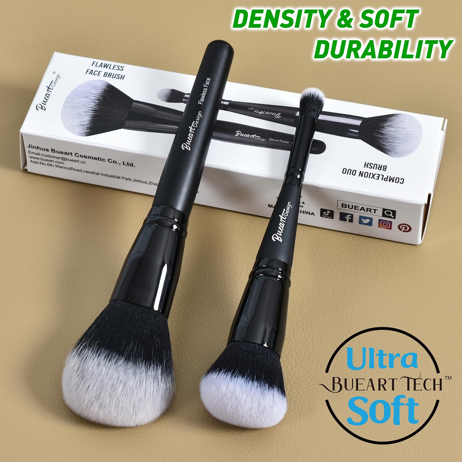 Bueart Design Duo Ended Foundation & Concealer Blending Makeup Brush Set - Flawless Fluff Large Face Brush for Liquid, Cream & Powder Cosmetics (2-Piece Value Pack) - Perfect for Contouring, Blush Application & Bronzer Buffing | Professional Makeup Tools for Everyday Beauty Routine & Special Occasions