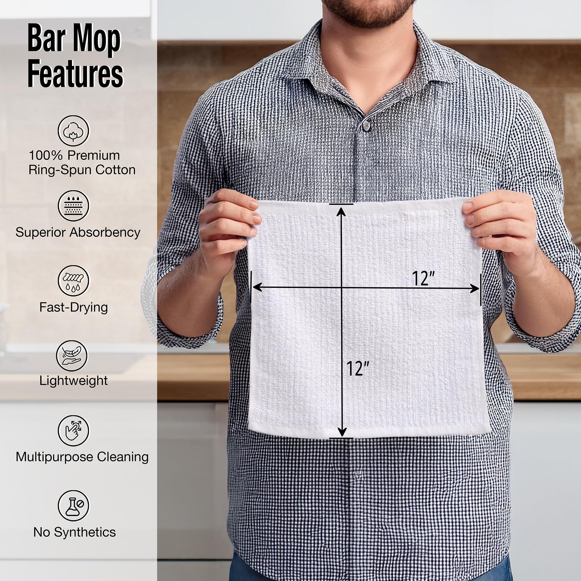 Premium 100% Cotton Bar Mop Kitchen Towels Set of 12 - Super Absorbent & Machine Washable Dish Cloths for Cleaning, Wiping & Drying - Perfect for Everyday Kitchen Use, Restaurants & Household Chores (White)