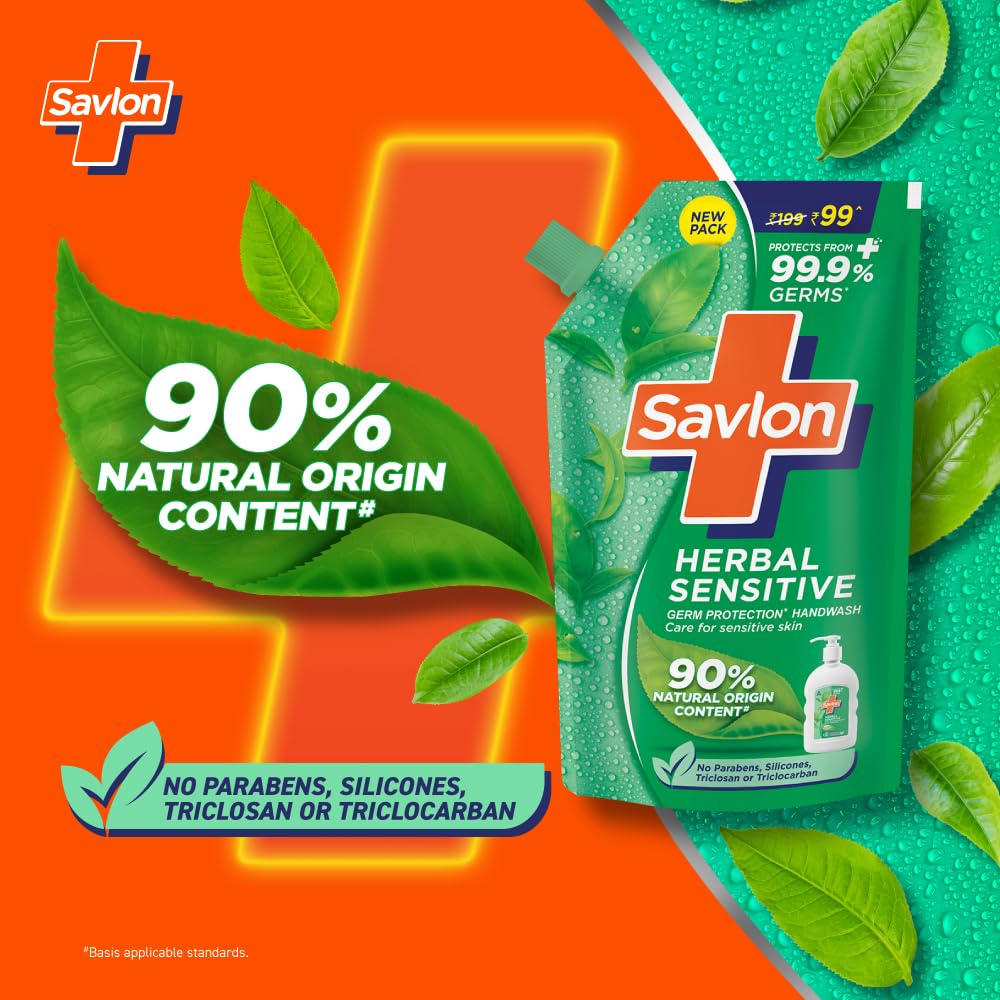 Savlon Herbal Sensitive pH Balanced Liquid Handwash Refill Pouch - 675ml | 90% Natural Ingredients | 99.9% Germ Protection | Gentle for Sensitive Skin | Ideal for Home, Office & Public Spaces