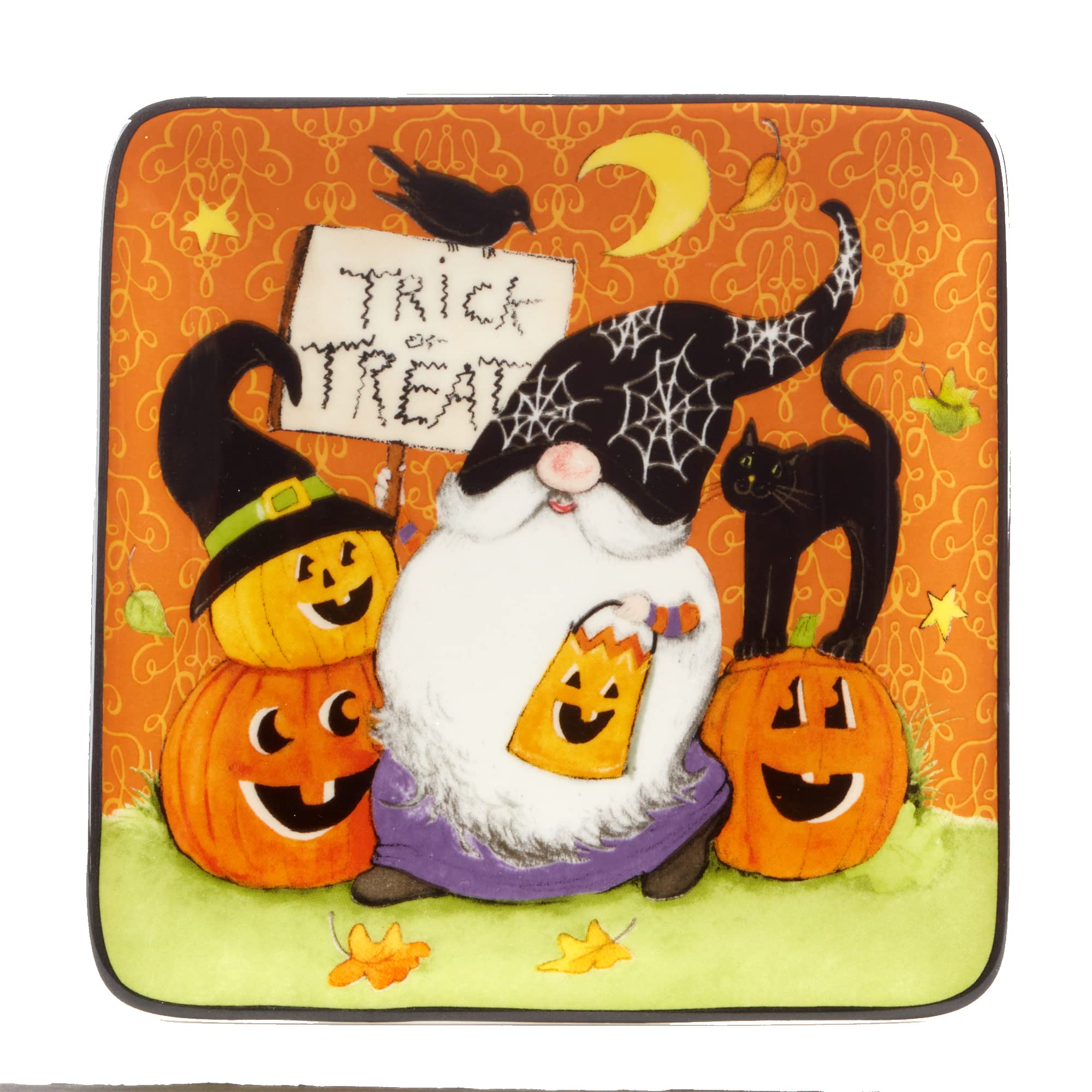 Halloween Gnome 6-Inch Square Plates - Set of 4 Colorful Small Appetizer Dishes for Halloween Party, Dinner, or Luncheon | Certified International