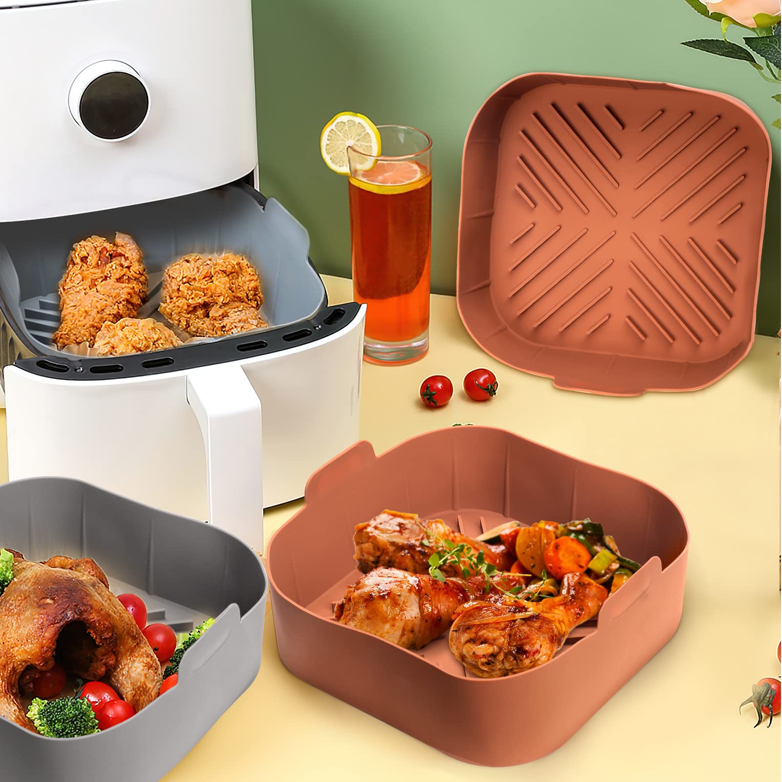 Non-Toxic Silicone Air Fryer Basket Liners Square - 2 Pack Reusable Air Fryer Accessories (8.5 Inch) for Healthy Cooking | Perfect for Philips, Ninja, Cosori & More Air Fryers | Easy Clean & Oil-Free Frying for Chicken Wings, French Fries & Vegetables