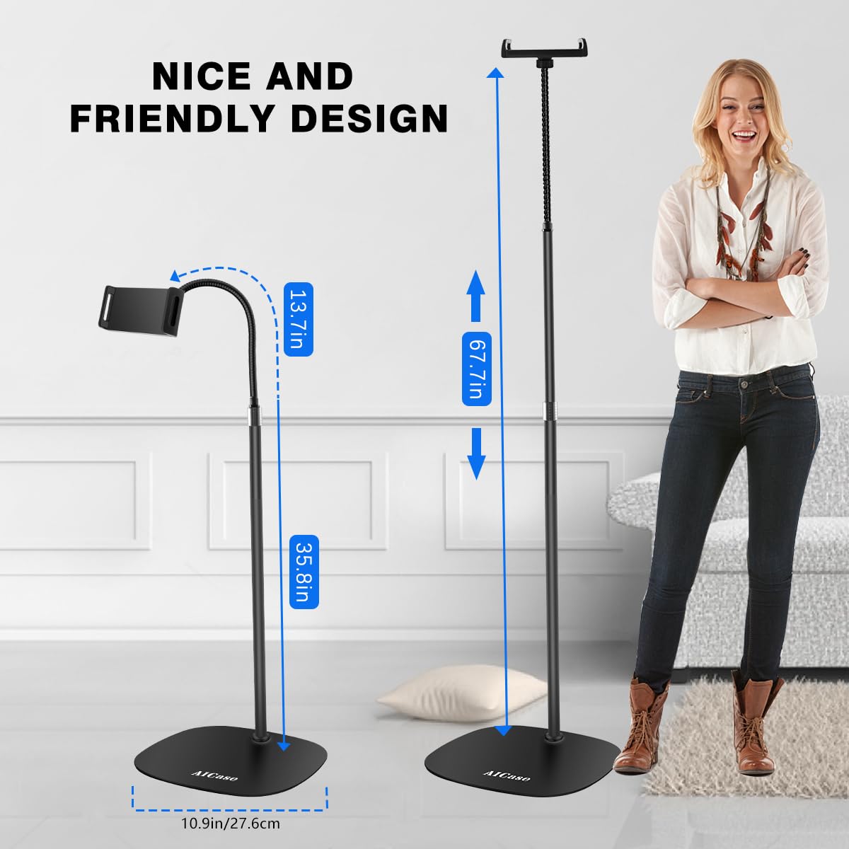 Adjustable Aluminum Floor Stand for iPad & Tablet (4.6-13
