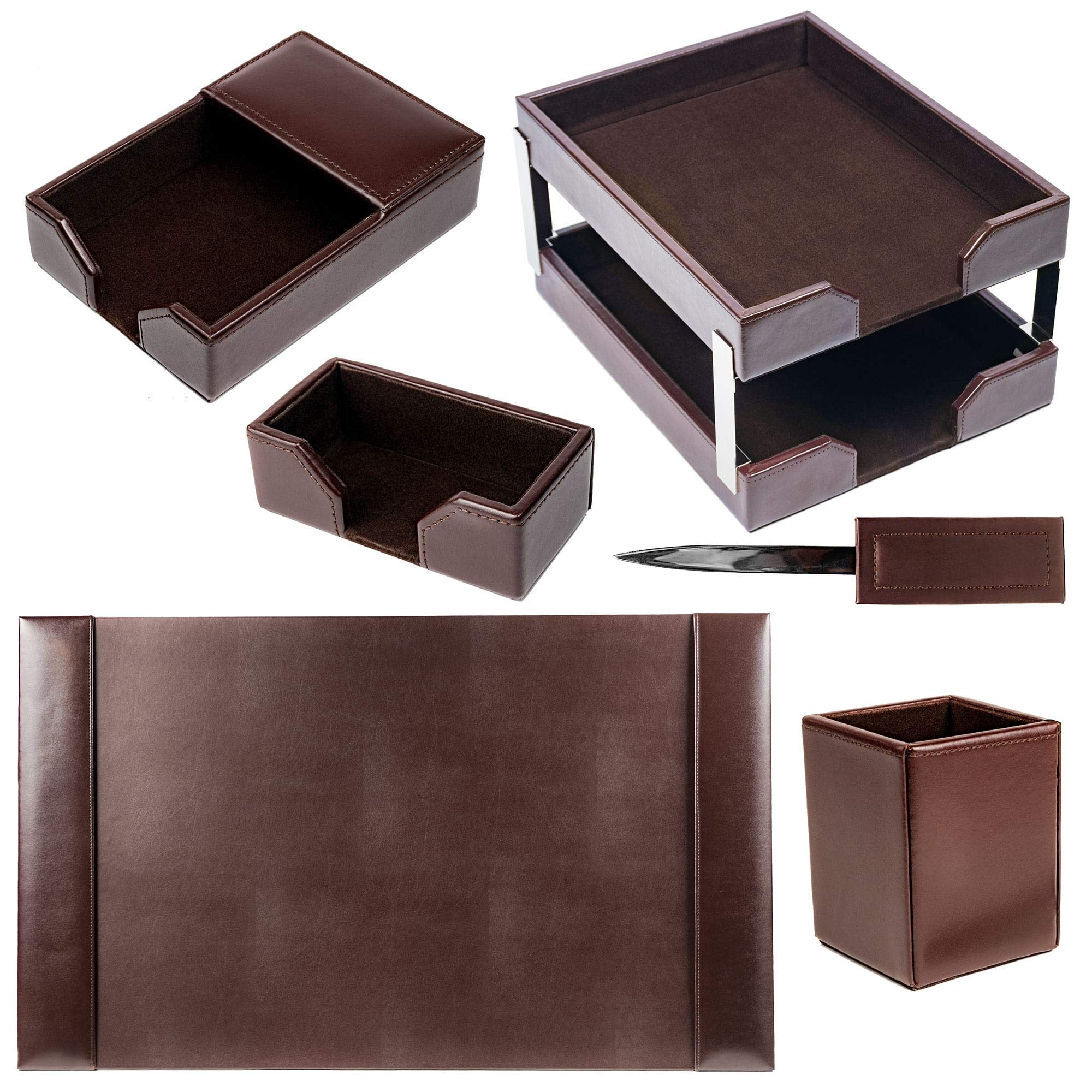 Premium Dacasso Bonded Leather Desk Set - Luxury Leather Desk Pad & Office Organizer - Executive Desk Decor for Professionals - Dark Brown 8-Piece Set - Perfect for Home Office, Corporate Gifts & Workspace Organization