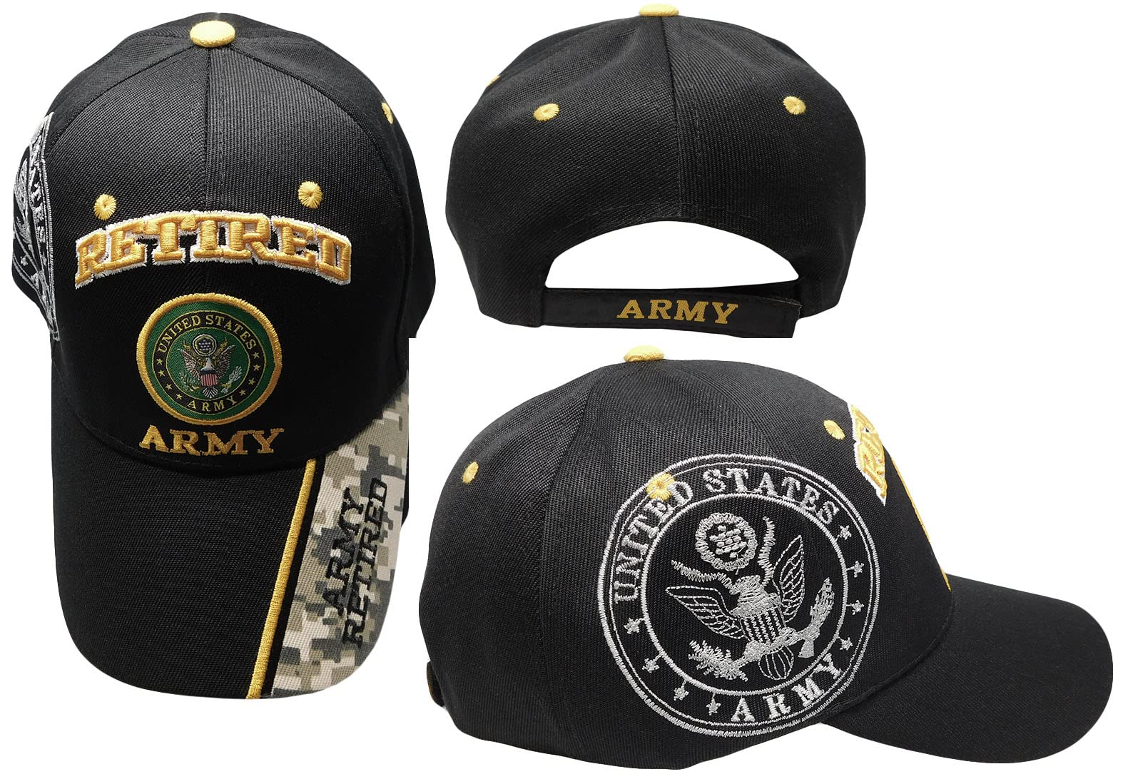 US Army Retired Emblem Black & ACU Digital Camo Shadow Embroidered Cap - Military Veteran Hat for Outdoor Activities & Patriotic Events