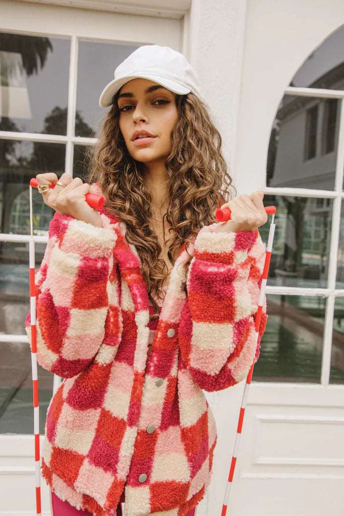 Beach Riot Women's Laurie Jacket - Sangria Red Checkered Lightweight Cover-Up for Beach, Pool & Summer Outings