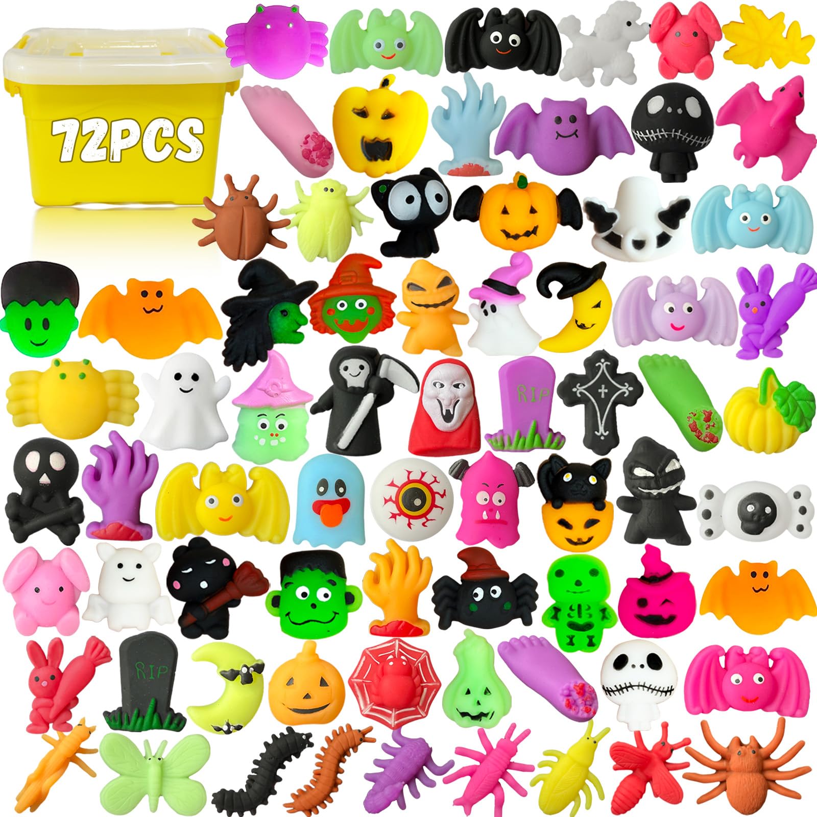 72PCS Halloween Mochi Squishy Toys - Kawaii Stress Relief Fidget Toys for Kids, Mini Squishy Animals Sensory Toys for Halloween Party Favors, Goodie Bags, Birthday Gifts & Classroom Prizes - Perfect for Trick or Treat, Party Decorations & Anxiety Relief
