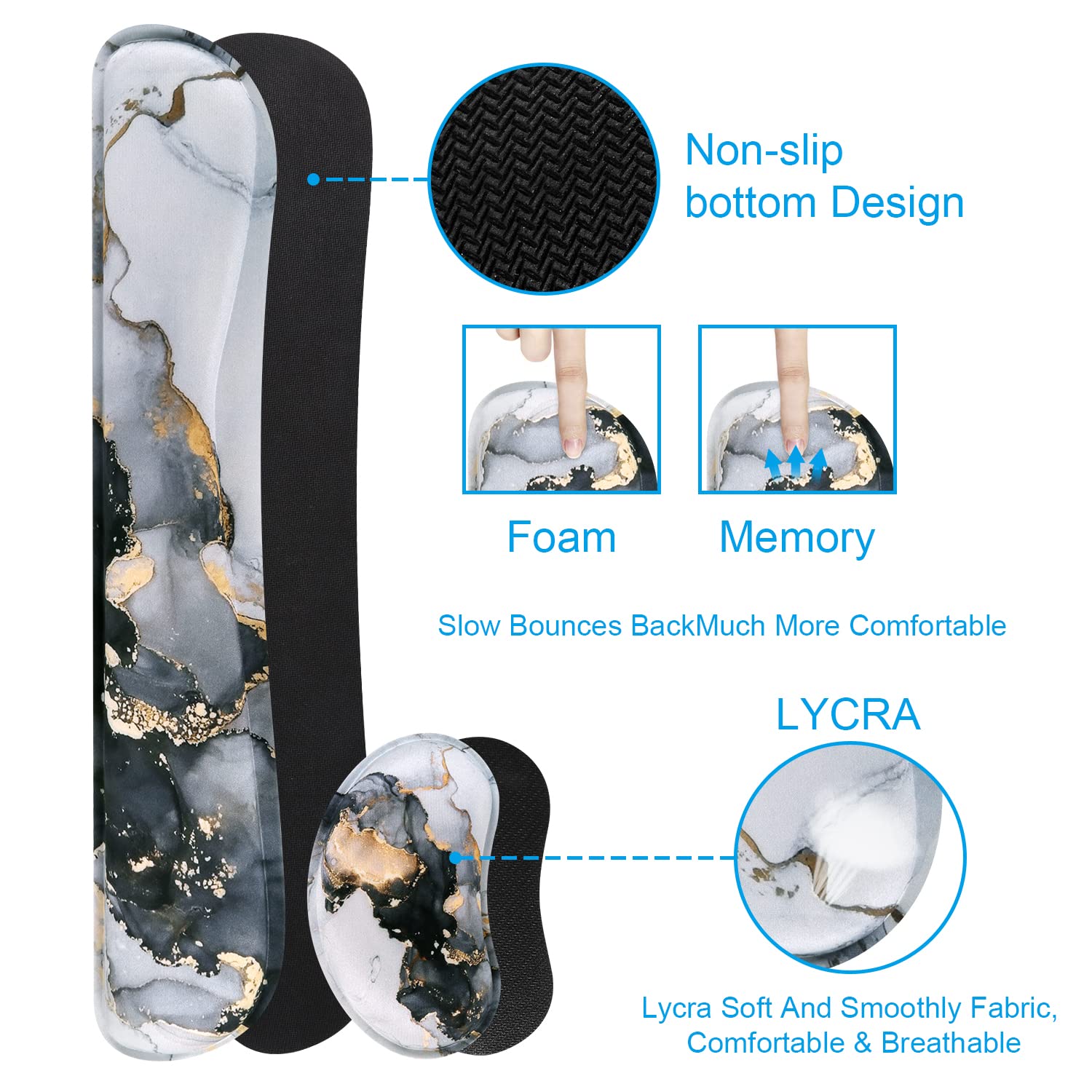 iCasso XXL Gaming Desk Mat with Memory Foam Wrist Rest - 3-in-1 Large Mouse Pad, Keyboard Pad & Ergonomic Support (35.4x15.7in) Ultra Thick Grey Ink Marble Design - Perfect for PC Gaming, Office Work & Pain-Free Typing