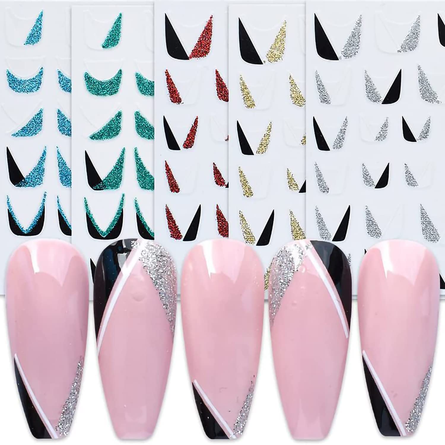 SILPECWEE 12 Sheets French Tip Nail Stickers - Glitter Nail Art Decals, Self-Adhesive 3D Nail Designs for French Manicure | Perfect for DIY Nail Art, Salon Use, Parties & Special Occasions