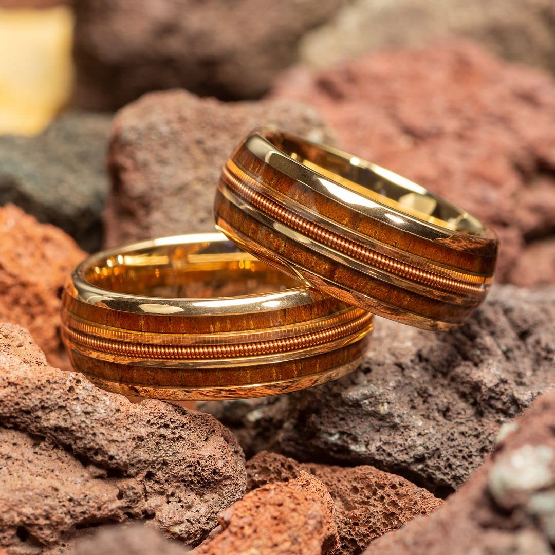Men's Hawaiian Koa Rose Gold Tungsten Guitar String Wedding Ring - 8mm Comfort Fit Band for Guitarists & Musicians | Perfect for Weddings, Engagements, and Music Lovers
