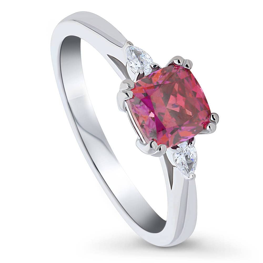 BERRICLE Sterling Silver 3-Stone Ring with Red Cushion Cut Cubic Zirconia | 1.25 Carat Women's Promise & Anniversary Ring | Rhodium Plated | Size 4-10 | Perfect for Valentine's Day, Engagement & Special Occasions