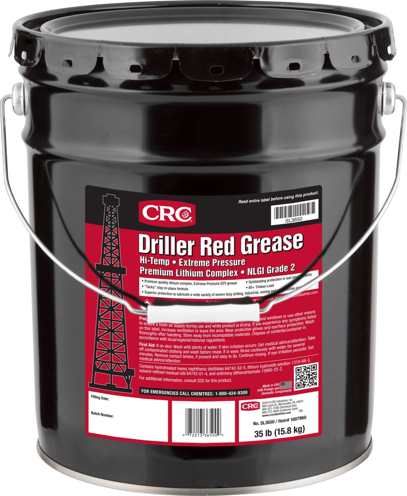 CRC Driller Red Grease - Extreme Pressure Lithium Complex Grease (35 lbs, SL3650) | Heavy-Duty Lubricant for Industrial Machinery, Construction Equipment & Automotive Applications