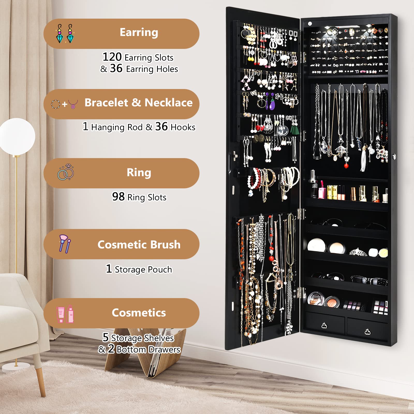COSTWAY Hanging Jewelry Organizer with Full-Length Mirror & LED Lights - Wall Mount Jewelry Cabinet with Lock, Large Storage for Necklaces, Rings, Earrings - Perfect for Bedroom, Closet & Dressing Room (Black)